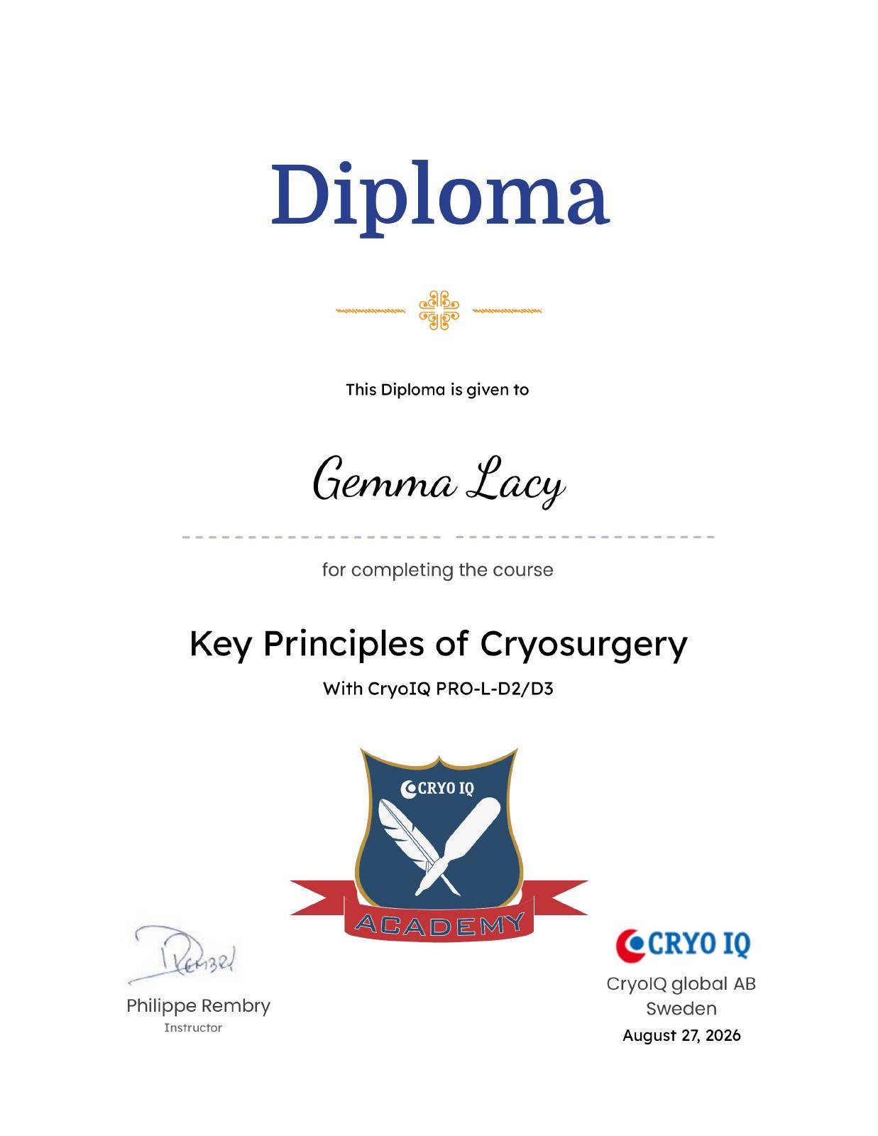 Gemma Lacy's Key Principles of Cryosurgery diploma