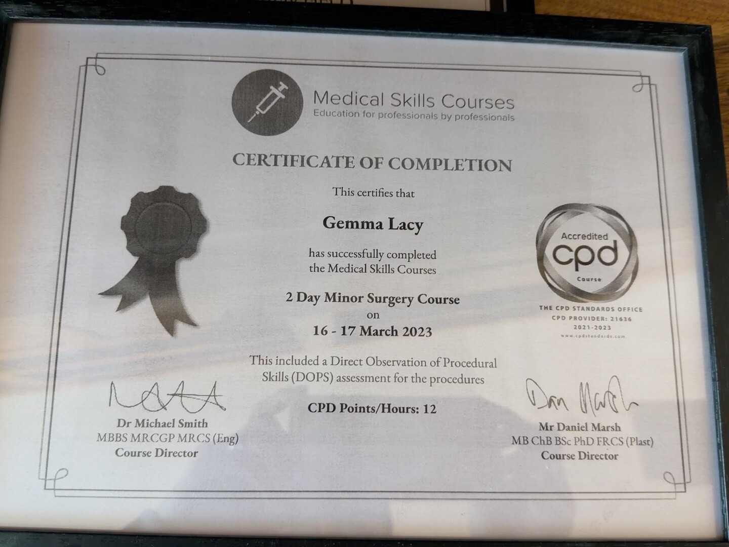 Gemma Lacy's 2 Day Minor Surgery Course certificate